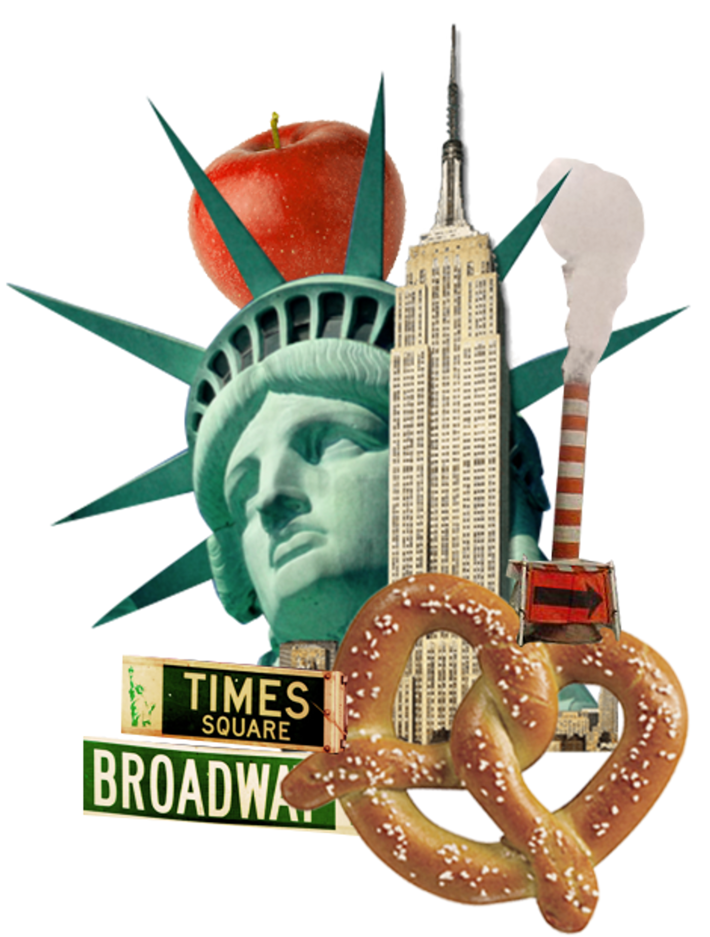 Collage of New York City with Statue of Liberty and pretzel.