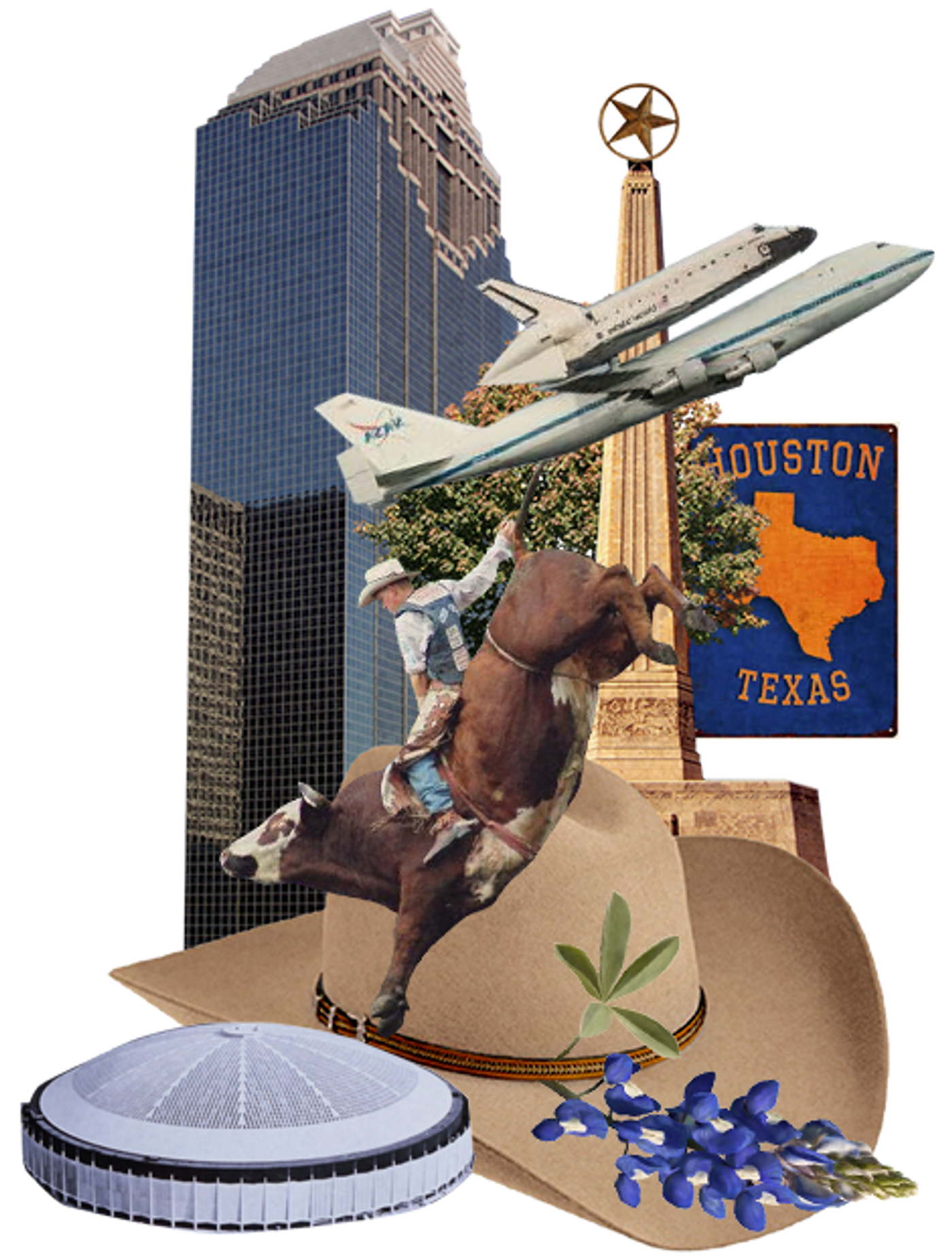Collage of the city of Houston with cowboy and buildings.