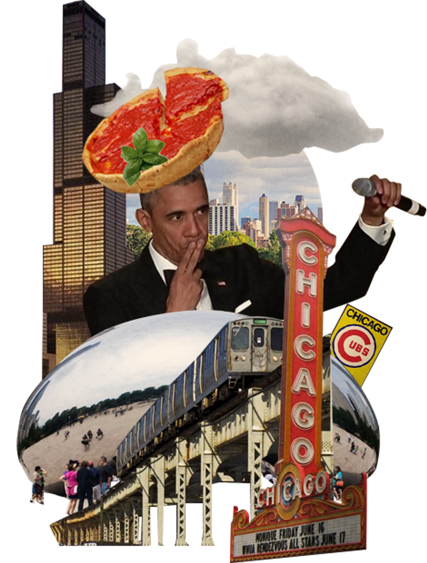 Collage of the city of Chicago with deep dish pizza and Obama.