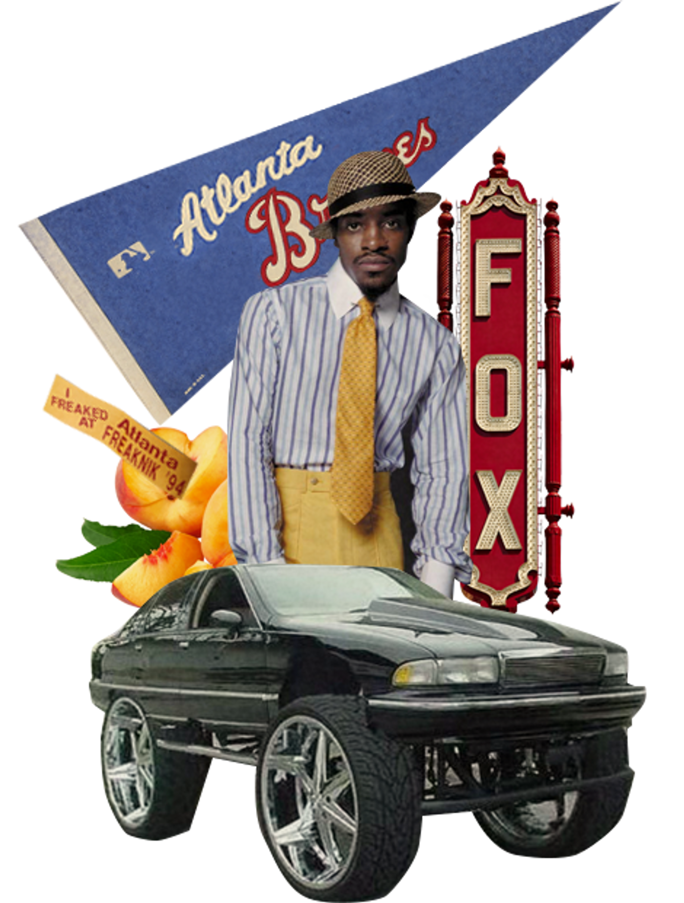 Collage of the city of Atlanta with car and peaches.