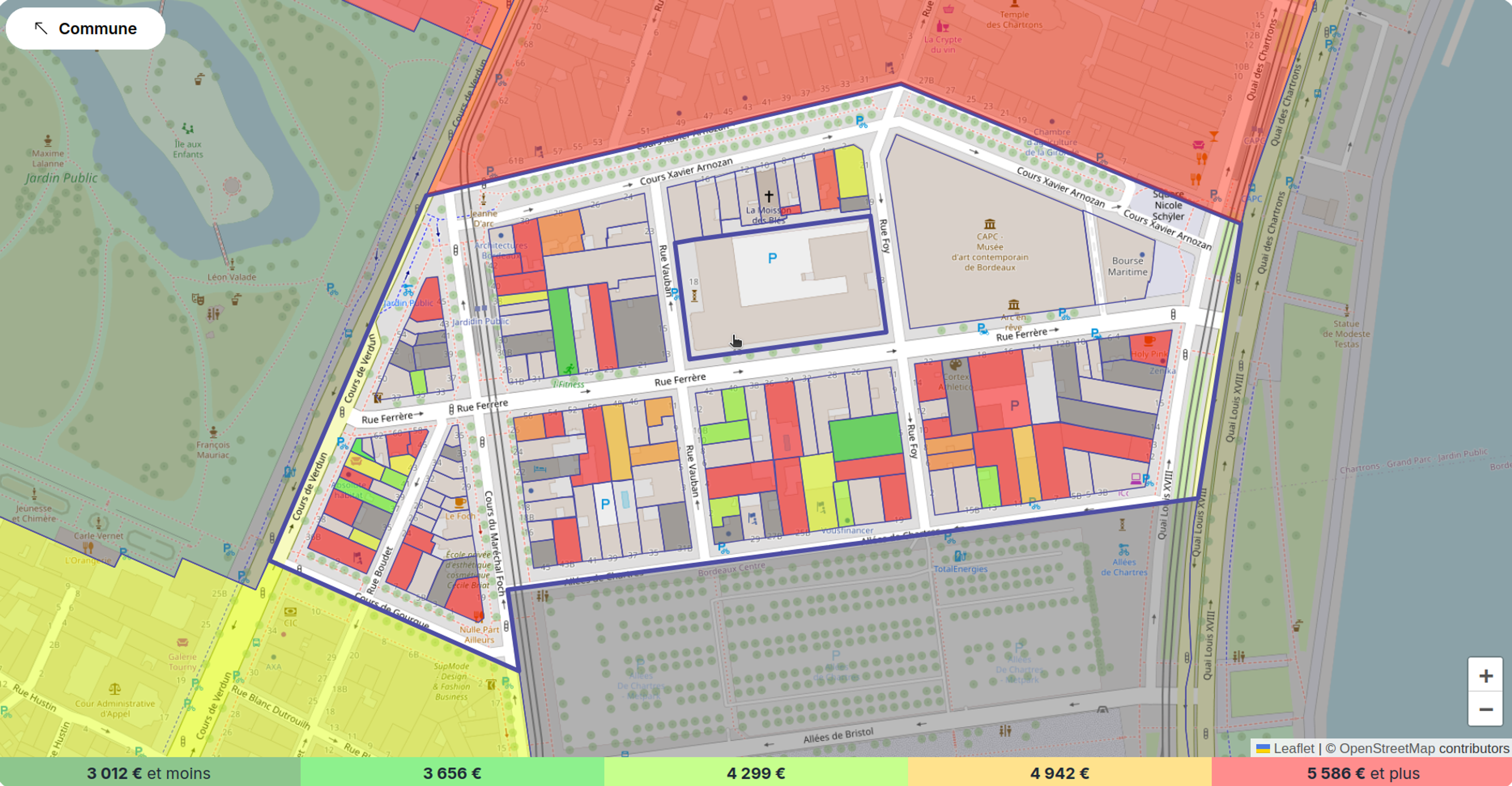 Exemple de vue au niveau section et prix médian par parcelle comportant des transactions