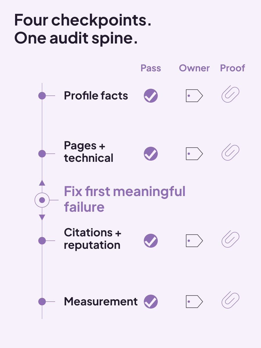 A four-checkpoint clinic audit sheet links profile facts, pages and technical work, citations and reputation, and measurement to pass, owner, and proof records.