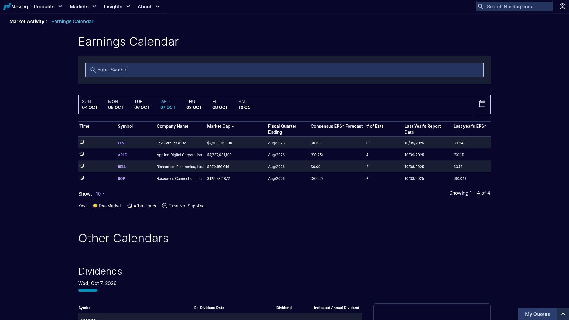 Nasdaq Earnings Calendar 公开页面预览