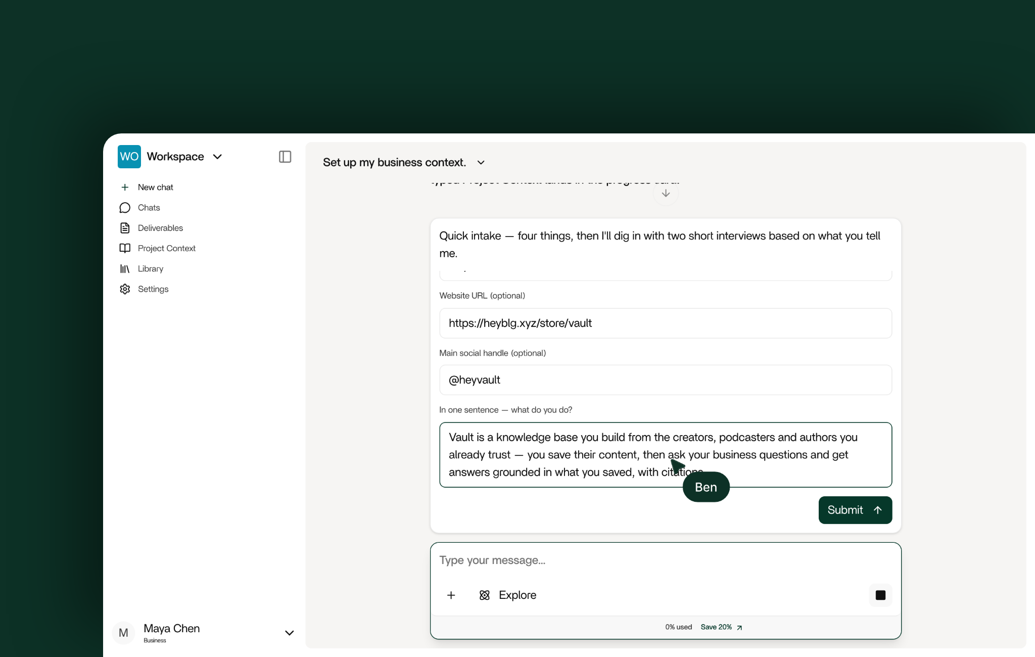 Tell Vault about your business: The ask