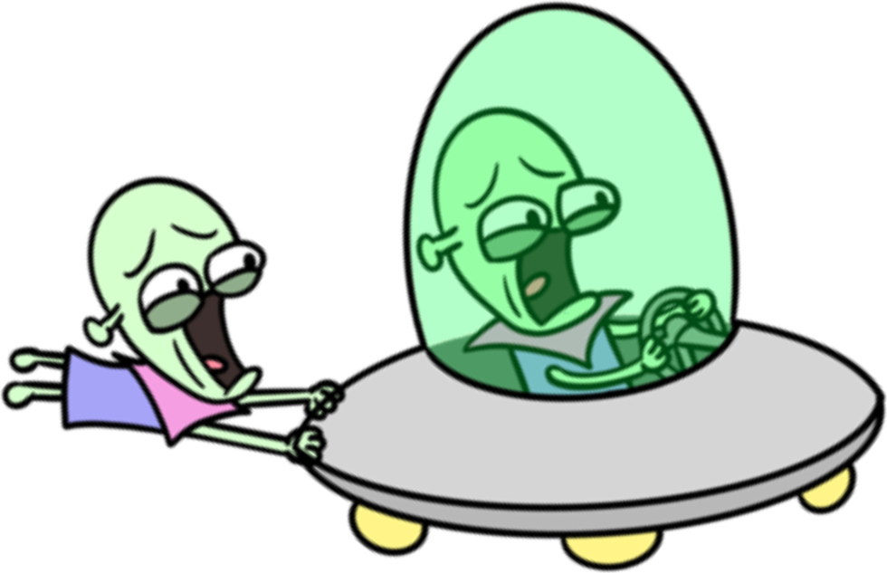Two Borp Zorpians struggling with a flying saucer