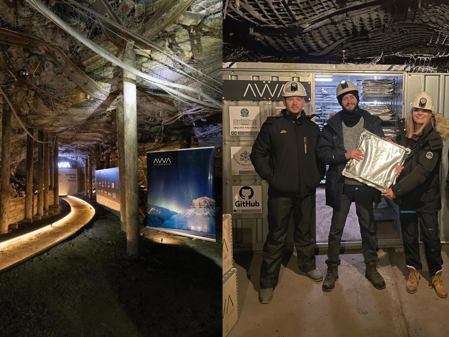 Image split in half. The enterance to the Arctic World Archive on the left, and happy data depositors in the cave on the right.