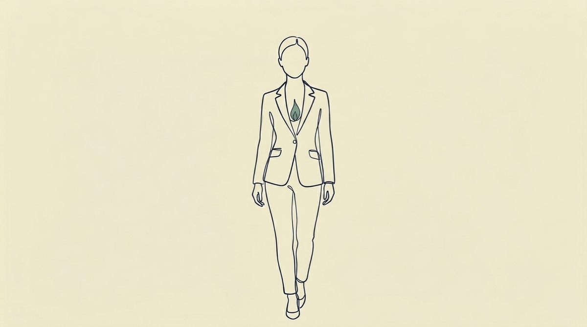 When Leadership Turns Into Performance - A single figure stands centre frame in a composed, presented posture — upright, controlled, the stance of someone performing confidence for an audience that is no longer visible. But the line work of the figure itself tells a different story: the strokes that make up the figure are slightly thinner, more fragile toward the core of the body — as though the interior is quieter than the exterior suggests. At the figure's chest, where the performance originates, a single small form — a dimming flame or contracting point — renders in Verdure. Not extinguished. Not growing. Simply very quiet.W
