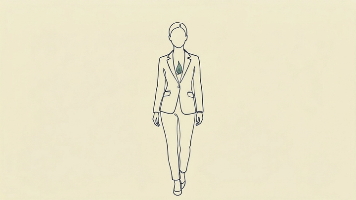When Leadership Turns Into Performance - A single figure stands centre frame in a composed, presented posture — upright, controlled, the stance of someone performing confidence for an audience that is no longer visible. But the line work of the figure itself tells a different story: the strokes that make up the figure are slightly thinner, more fragile toward the core of the body — as though the interior is quieter than the exterior suggests. At the figure's chest, where the performance originates, a single small form — a dimming flame or contracting point — renders in Verdure. Not extinguished. Not growing. Simply very quiet.W
