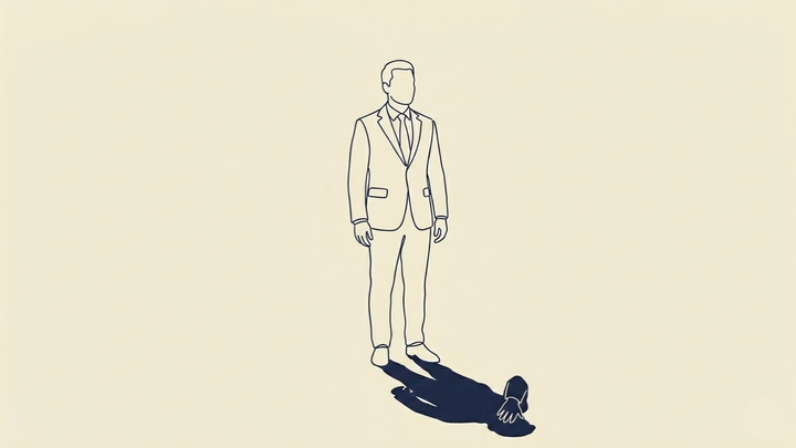 Accountability Without The Performance - A single figure stands in composed, upright professional posture — the deliberate bearing of someone who has just finished saying the right things. Their shadow falls forward on the ground ahead of them. But the shadow does not match the figure's open, forward-facing stance. Where the figure stands straight with arms loosely at sides, the shadow shows a form with one hand raised to cover the face — turned slightly inward, shielding. The figure performs openness. The shadow shows the avoidance beneath.