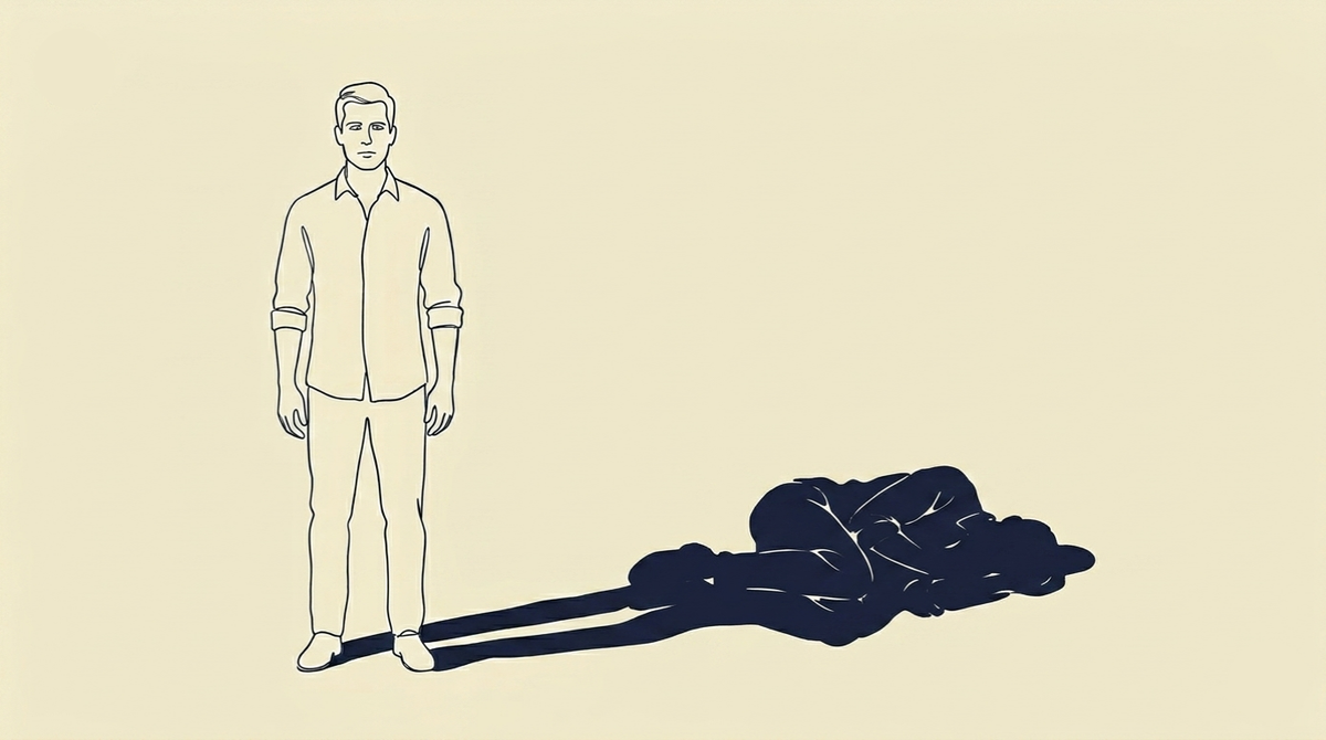 What High Performing Men Are Managing Underneath - A male figure stands upright in composed professional posture, facing forward. He is well-dressed — dress shirt, no tie, sleeves rolled. Still. Composed. The kind of stillness that reads as control. His shadow falls forward and to the right, but the shadow's posture is contracted — shoulders rounded, weight forward, something quietly collapsed about the form that the figure himself does not carry