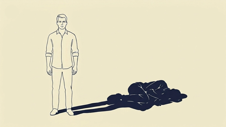 What High Performing Men Are Managing Underneath - A male figure stands upright in composed professional posture, facing forward. He is well-dressed — dress shirt, no tie, sleeves rolled. Still. Composed. The kind of stillness that reads as control. His shadow falls forward and to the right, but the shadow's posture is contracted — shoulders rounded, weight forward, something quietly collapsed about the form that the figure himself does not carry