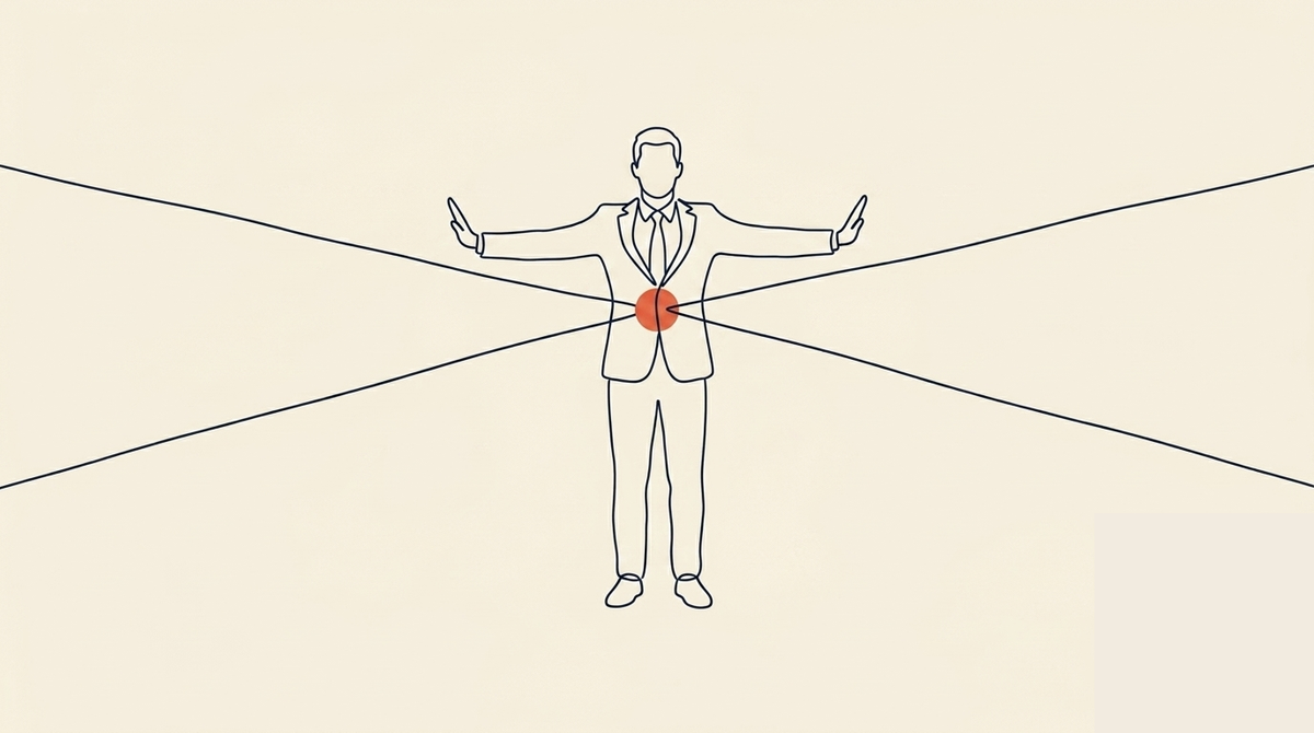 Integration Over Extremes - A single figure stands in the centre of the frame, arms extended outward to each side — not open in welcome, but held firm, as if bracing two opposing forces without surrendering to either. Two converging lines approach the figure from opposite sides, meeting at the body. The figure does not lean toward either side. The stance is steady and deliberate. The figure is male, mid-career build, in a business suit.Standing still, arms extended horizontally at shoulderheight, palms facing outward