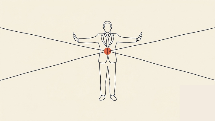 Integration Over Extremes - A single figure stands in the centre of the frame, arms extended outward to each side — not open in welcome, but held firm, as if bracing two opposing forces without surrendering to either. Two converging lines approach the figure from opposite sides, meeting at the body. The figure does not lean toward either side. The stance is steady and deliberate. The figure is male, mid-career build, in a business suit.Standing still, arms extended horizontally at shoulderheight, palms facing outward