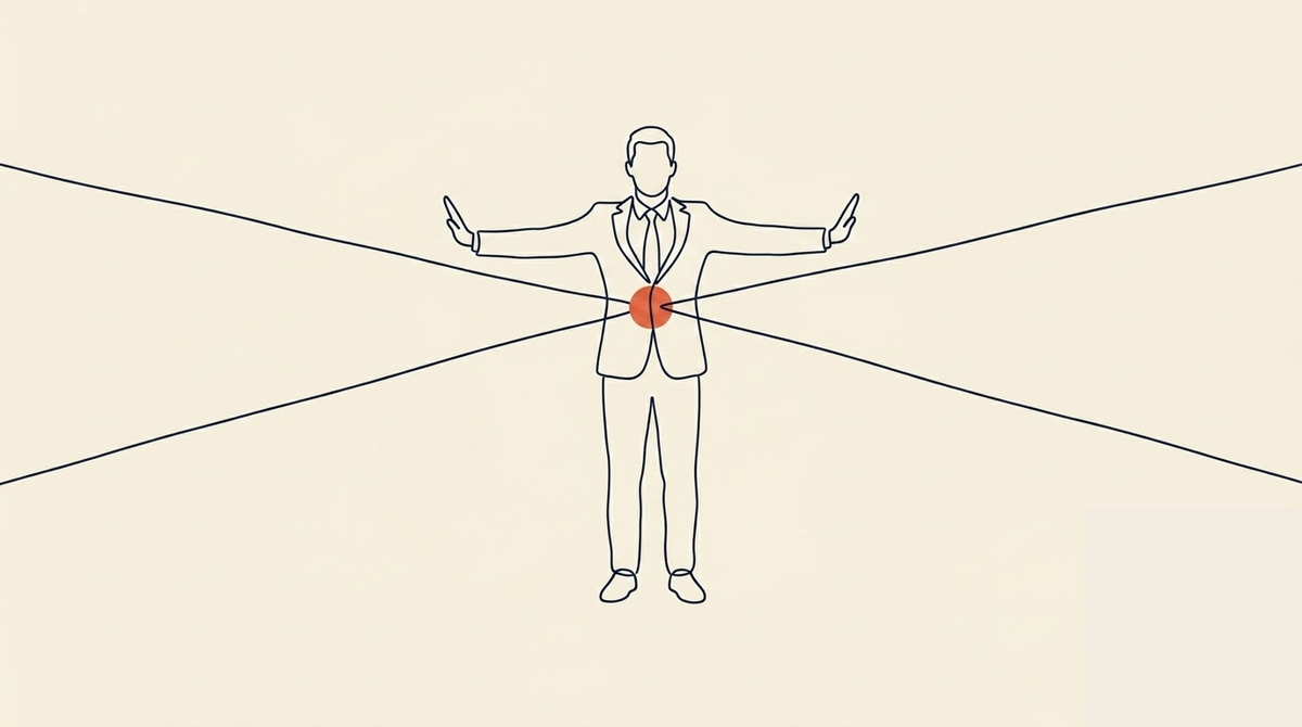 Integration Over Extremes - A single figure stands in the centre of the frame, arms extended outward to each side — not open in welcome, but held firm, as if bracing two opposing forces without surrendering to either. Two converging lines approach the figure from opposite sides, meeting at the body. The figure does not lean toward either side. The stance is steady and deliberate. The figure is male, mid-career build, in a business suit.Standing still, arms extended horizontally at shoulderheight, palms facing outward Integration Over Extremes - A single figure stands in the centre of the frame, arms extended outward to each side — not open in welcome, but held firm, as if bracing two opposing forces without surrendering to either. Two converging lines approach the figure from opposite sides, meeting at the body. The figure does not lean toward either side. The stance is steady and deliberate. The figure is male, mid-career build, in a business suit.Standing still, arms extended horizontally at shoulderheight, palms facing outward