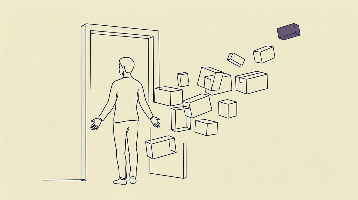 Coming home - A gender-ambiguous figure stands at a threshold — an open doorframe with no door, no walls, just the frame itself standing in open space. The figure faces through the threshold, arms slightly open at their sides, palms turned outward. Around and behind them, a loose arrangement of geometric rectangular forms — boxes of varying sizes — float gently away, dispersing outward from the figure as if releasing.