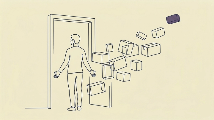 Coming home - A gender-ambiguous figure stands at a threshold — an open doorframe with no door, no walls, just the frame itself standing in open space. The figure faces through the threshold, arms slightly open at their sides, palms turned outward. Around and behind them, a loose arrangement of geometric rectangular forms — boxes of varying sizes — float gently away, dispersing outward from the figure as if releasing.