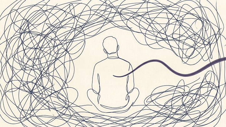 A figure seen from behind, sitting still inside a tangle of static line, with a single calm violet wave moving outward from their centre.