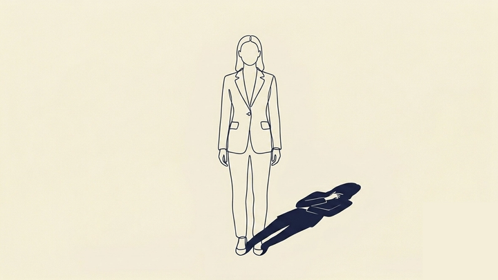 Being Betrayed Is an Event - A single figure stands in composed, upright posture, the controlled bearing of a leader who is managing something privately. Their shadow falls forward and slightly to one side on the ground. But the shadow does not match the figure's posture. Where the figure stands straight and still, the shadow shows a form turned inward, one arm crossed over the chest, the other hand raised toward the face, the posture of someone absorbing a realization they have not yet allowed themselves to show. The figure and their shadow are the same person. One is performing. One is not.