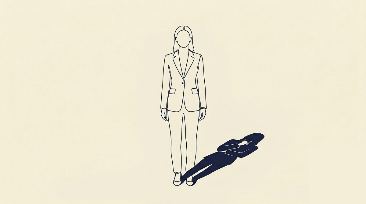 Being Betrayed Is an Event - A single figure stands in composed, upright posture, the controlled bearing of a leader who is managing something privately. Their shadow falls forward and slightly to one side on the ground. But the shadow does not match the figure's posture. Where the figure stands straight and still, the shadow shows a form turned inward, one arm crossed over the chest, the other hand raised toward the face, the posture of someone absorbing a realization they have not yet allowed themselves to show. The figure and their shadow are the same person. One is performing. One is not. Being Betrayed Is an Event - A single figure stands in composed, upright posture, the controlled bearing of a leader who is managing something privately. Their shadow falls forward and slightly to one side on the ground. But the shadow does not match the figure's posture. Where the figure stands straight and still, the shadow shows a form turned inward, one arm crossed over the chest, the other hand raised toward the face, the posture of someone absorbing a realization they have not yet allowed themselves to show. The figure and their shadow are the same person. One is performing. One is not.