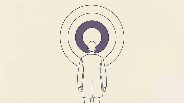 Fulfillment as Alignment - A gender-ambiguous figure stands from behind, still, in the centre of the frame. Ahead of them, three concentric rings emanate outward from a single fixed point at eye level — as if the rings were always there, not arriving. The figure is not reaching toward them. They are simply standing before something they have finally noticed. The rings do not pulse or suggest movement — they are present, settled, and still.