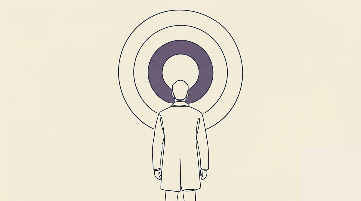 Fulfillment as Alignment - A gender-ambiguous figure stands from behind, still, in the centre of the frame. Ahead of them, three concentric rings emanate outward from a single fixed point at eye level — as if the rings were always there, not arriving. The figure is not reaching toward them. They are simply standing before something they have finally noticed. The rings do not pulse or suggest movement — they are present, settled, and still. Fulfillment as Alignment - A gender-ambiguous figure stands from behind, still, in the centre of the frame. Ahead of them, three concentric rings emanate outward from a single fixed point at eye level — as if the rings were always there, not arriving. The figure is not reaching toward them. They are simply standing before something they have finally noticed. The rings do not pulse or suggest movement — they are present, settled, and still.