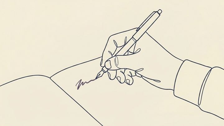 The Intelligence of the Slow - A close-up of a hand holding a pen, mid-stroke on an open page. The hand is rendered in continuous monoline — no fill, no shading. The pen touches the page at a shallow angle, unhurried. The stroke being made is slow and incomplete — it trails off rather than completing a letterform. The page beneath is nearly empty. No words, no text, no completed marks. Only the single stroke in progress.