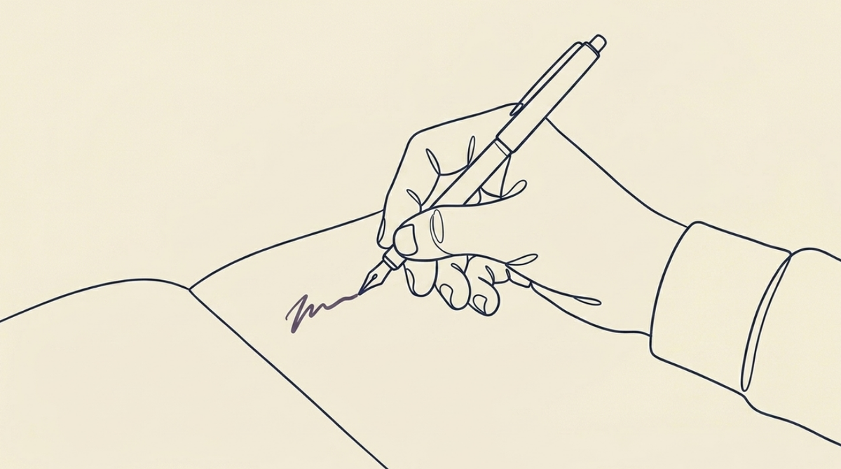 The Intelligence of the Slow - A close-up of a hand holding a pen, mid-stroke on an open page. The hand is rendered in continuous monoline — no fill, no shading. The pen touches the page at a shallow angle, unhurried. The stroke being made is slow and incomplete — it trails off rather than completing a letterform. The page beneath is nearly empty. No words, no text, no completed marks. Only the single stroke in progress. The Intelligence of the Slow - A close-up of a hand holding a pen, mid-stroke on an open page. The hand is rendered in continuous monoline — no fill, no shading. The pen touches the page at a shallow angle, unhurried. The stroke being made is slow and incomplete — it trails off rather than completing a letterform. The page beneath is nearly empty. No words, no text, no completed marks. Only the single stroke in progress.