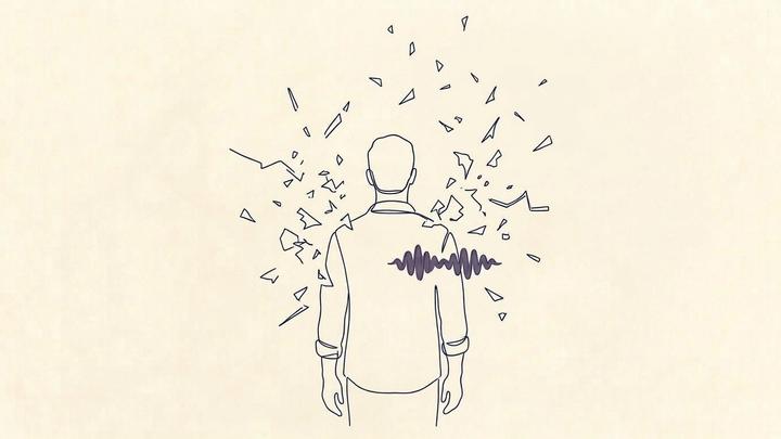 A lone figure seen from behind, standing still, with a scatter of small broken line-fragments — shards of noise and static, drifting pieces of shape — dispersing into the space around and above them. Amid the scattered noise, one small clean waveform rests close to the figure's chest, steady and whole while everything around it breaks apart.