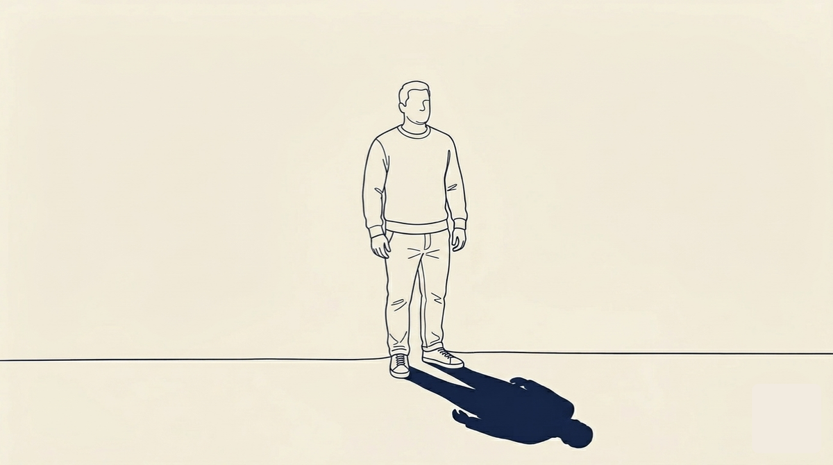 When systems break - A male figure, slightly overweight, with a natural and unposed stance. Professional attire — a suit or blazer that fits his build. He stands upright and composed, looking forward. His face is a minimal abstraction — no defined features.He does not look down at his shadow.The shadow cast on the ground ahead of him shows a different figure — collapsed, prostrate, the posture of someone who has given out.