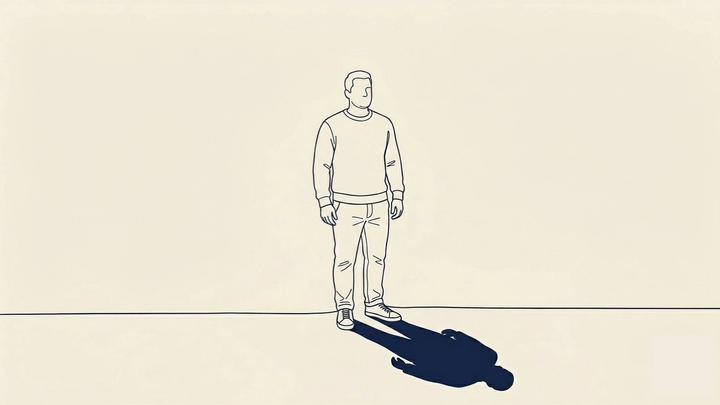 When systems break - A male figure, slightly overweight, with a natural and unposed stance. Professional attire — a suit or blazer that fits his build. He stands upright and composed, looking forward. His face is a minimal abstraction — no defined features.He does not look down at his shadow.The shadow cast on the ground ahead of him shows a different figure — collapsed, prostrate, the posture of someone who has given out.