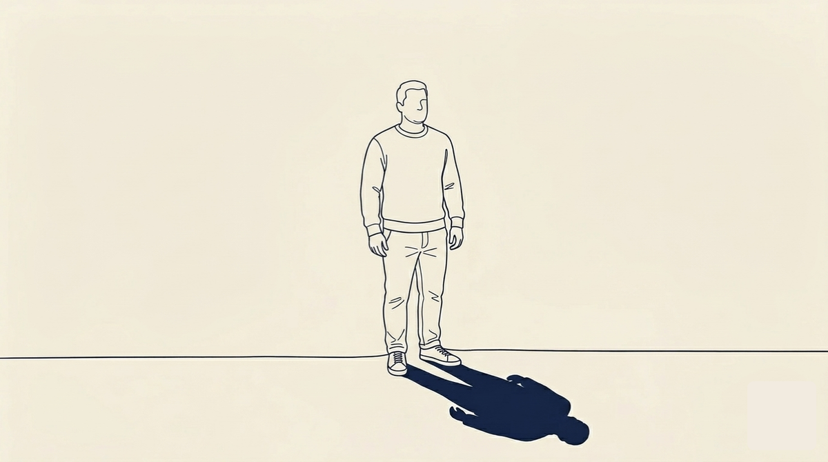 When systems break - A male figure, slightly overweight, with a natural and unposed stance. Professional attire — a suit or blazer that fits his build. He stands upright and composed, looking forward. His face is a minimal abstraction — no defined features.He does not look down at his shadow.The shadow cast on the ground ahead of him shows a different figure — collapsed, prostrate, the posture of someone who has given out. When systems break - A male figure, slightly overweight, with a natural and unposed stance. Professional attire — a suit or blazer that fits his build. He stands upright and composed, looking forward. His face is a minimal abstraction — no defined features.He does not look down at his shadow.The shadow cast on the ground ahead of him shows a different figure — collapsed, prostrate, the posture of someone who has given out.