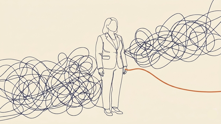 Responsibility and Agency in Leadership - A single figure stands slightly left of centre, seen from the front or three-quarter angle. From their shoulders, a tangle of lines extends outward — spreading wider than the figure's body on both sides, as though they are carrying a load that has grown beyond them. But at a point just beyond the figure's right hand, one clean line separates cleanly from the tangle — not breaking away dramatically, simply diverging. It continues forward on its own, distinct and unencumbered. The rest of the tangle remains, still attached to the shoulders. The figure sees the clean line. They are at the moment of recognition, not yet of full release.