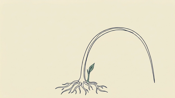 Burnout Is A Warning Sign, Not a Weakness - A single plant stem, rooted at the base of the frame, bends dramatically under its own sustained weight — curving far over to one side, nearly horizontal, the tip almost touching the ground. The stem is not broken. The roots hold. But the arc of the bend is extreme, the posture of something that has been under pressure for a long time. At the very base of the stem, where it meets the ground, a single small new shoot emerges — just beginning, unhurried, pointing upward. It does not know about the bent stem above it. It is simply the next thing.