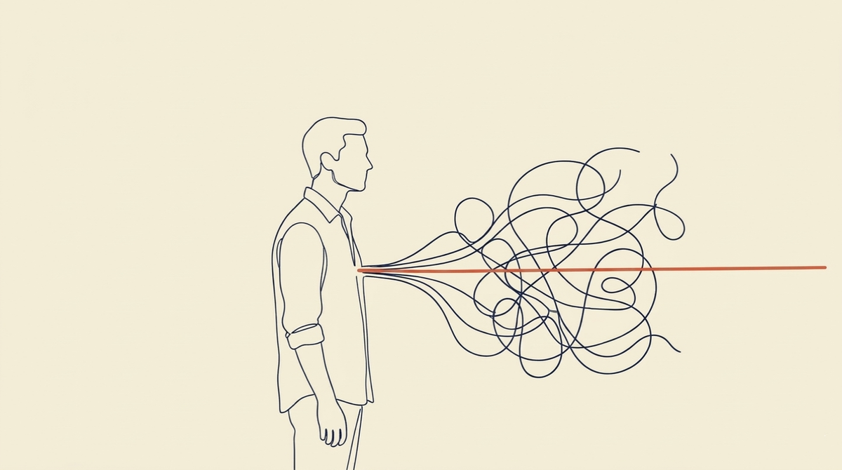 The cost of over-explaining - A single figure stands in profile, left of centre, facing right. From their mouth or from a point at their chest, two kinds of lines emerge into the space ahead of them. One line travels directly — clean, uninterrupted, a single confident stroke that reaches the right edge of the frame. The other lines loop, double back, branch, and tangle before dissipating without reaching anywhere. Both emerge from the same source. One arrives. The others do not.