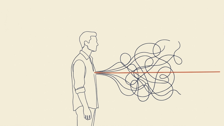 The cost of over-explaining - A single figure stands in profile, left of centre, facing right. From their mouth or from a point at their chest, two kinds of lines emerge into the space ahead of them. One line travels directly — clean, uninterrupted, a single confident stroke that reaches the right edge of the frame. The other lines loop, double back, branch, and tangle before dissipating without reaching anywhere. Both emerge from the same source. One arrives. The others do not.