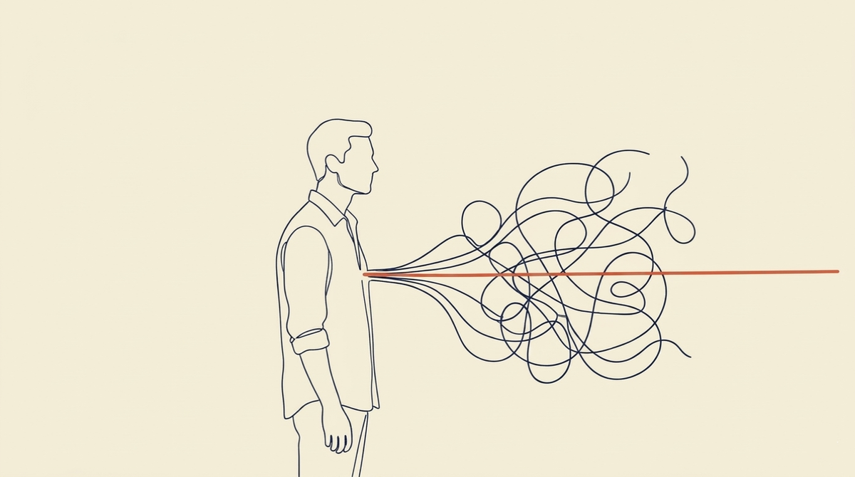 The cost of over-explaining - A single figure stands in profile, left of centre, facing right. From their mouth or from a point at their chest, two kinds of lines emerge into the space ahead of them. One line travels directly — clean, uninterrupted, a single confident stroke that reaches the right edge of the frame. The other lines loop, double back, branch, and tangle before dissipating without reaching anywhere. Both emerge from the same source. One arrives. The others do not. The cost of over-explaining - A single figure stands in profile, left of centre, facing right. From their mouth or from a point at their chest, two kinds of lines emerge into the space ahead of them. One line travels directly — clean, uninterrupted, a single confident stroke that reaches the right edge of the frame. The other lines loop, double back, branch, and tangle before dissipating without reaching anywhere. Both emerge from the same source. One arrives. The others do not.