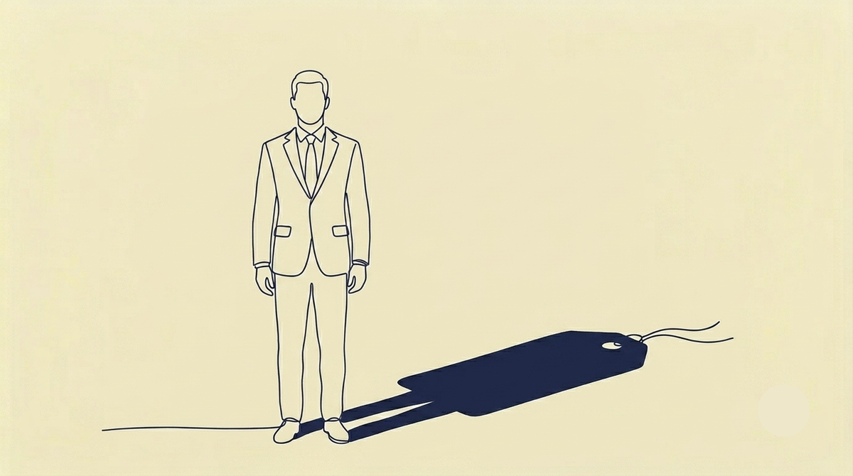 A composed, successful-looking professional stands facing forward, unaware that the shadow he casts on the ground is not the shape of a man but the shape of a price tag.