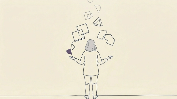 Letting Go Without Losing Yourself - A figure is seen from behind. Gender ambiguous. Standing still, with arms extended slightly outward, palms open and turned upward — the posture of someone releasing something, not reaching for something. Above and between their open hands, several small abstract geometric forms float upward. Simple shapes — not literal objects. They drift away from the hands, becoming slightly less defined as they rise. The suggestion of something built, now leaving.