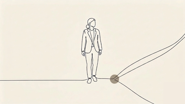 The Alignment Gap - A single figure stands at the exact point where one path becomes two. The ground beneath their feet divides — one path continuing forward cleanly, one curving away. The figure looks ahead, unaware of the divergence already happening beneath them