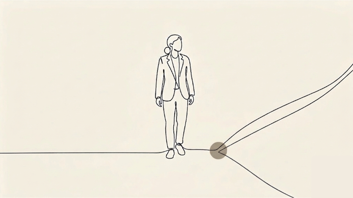 The Alignment Gap - A single figure stands at the exact point where one path becomes two. The ground beneath their feet divides — one path continuing forward cleanly, one curving away. The figure looks ahead, unaware of the divergence already happening beneath them