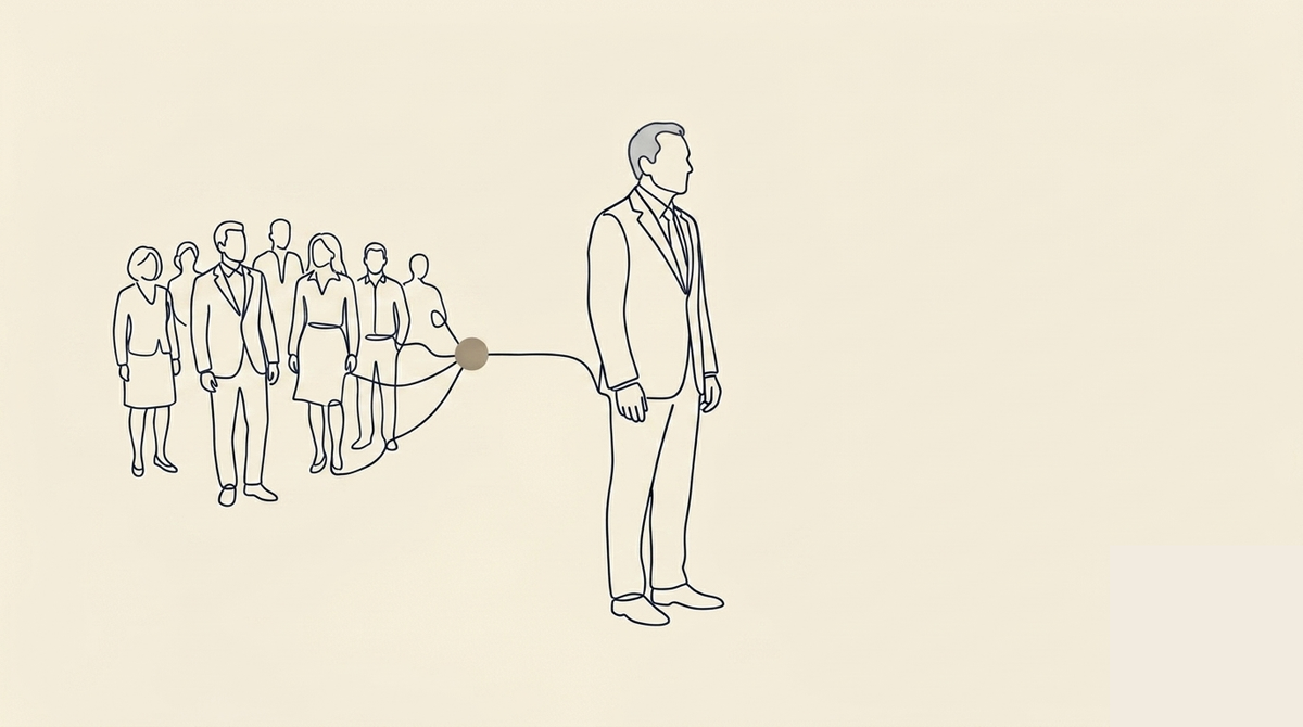 The Human Cost of Workforce Decisions - A single figure stands slightly ahead of a loose group of smaller figures behind them. The lead figure's posture is upright but carries visible weight — shoulders slightly forward, head neither raised nor dropped, the stance of someone absorbing something difficult on behalf of others. The group behind them is rendered at smaller scale, present but not pressing forward. There is space between the lead figure and the group.
