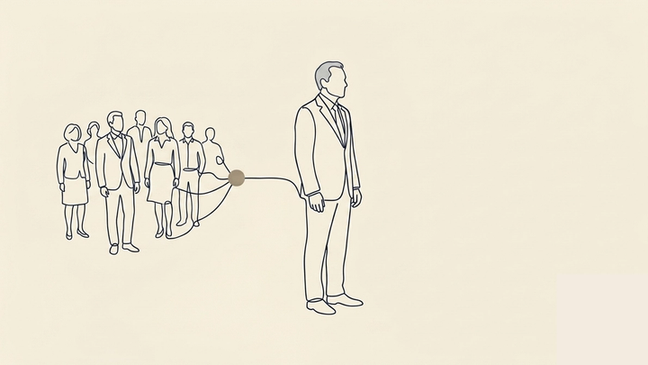 The Human Cost of Workforce Decisions - A single figure stands slightly ahead of a loose group of smaller figures behind them. The lead figure's posture is upright but carries visible weight — shoulders slightly forward, head neither raised nor dropped, the stance of someone absorbing something difficult on behalf of others. The group behind them is rendered at smaller scale, present but not pressing forward. There is space between the lead figure and the group.