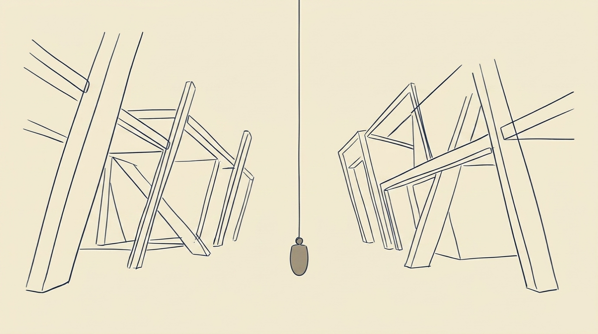 Steady in Uncertainty - A single plumb line hangs from the top centre of the frame — a thin vertical cord with a small weighted bob at the base, perfectly still, perfectly vertical. Around it, a series of other lines — architectural, structural, suggesting walls or beams or the geometry of a built environment — lean at varying angles, tilted and unresolved. Some converge, some diverge. None are vertical. The plumb line does not respond to any of them. It simply hangs true. It is the only vertical thing in the image.