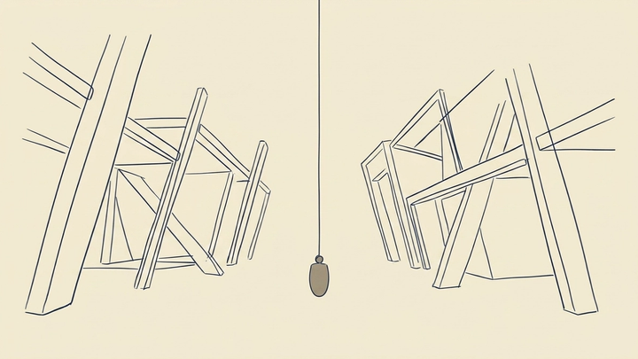 Steady in Uncertainty - A single plumb line hangs from the top centre of the frame — a thin vertical cord with a small weighted bob at the base, perfectly still, perfectly vertical. Around it, a series of other lines — architectural, structural, suggesting walls or beams or the geometry of a built environment — lean at varying angles, tilted and unresolved. Some converge, some diverge. None are vertical. The plumb line does not respond to any of them. It simply hangs true. It is the only vertical thing in the image.