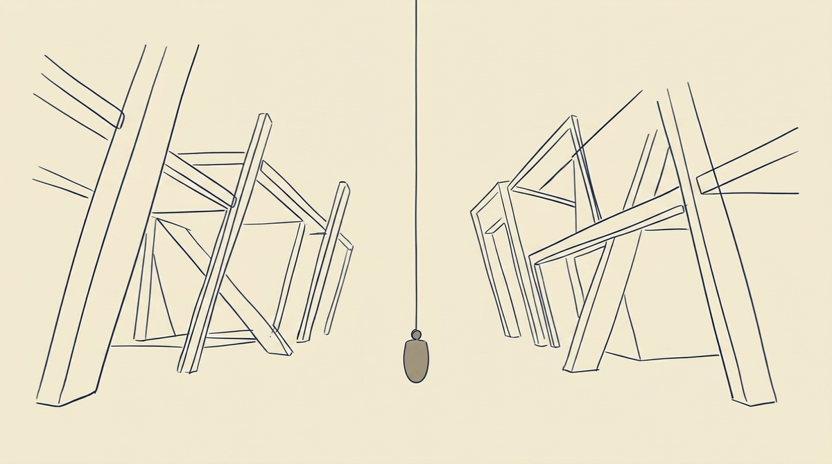 Steady in Uncertainty - A single plumb line hangs from the top centre of the frame — a thin vertical cord with a small weighted bob at the base, perfectly still, perfectly vertical. Around it, a series of other lines — architectural, structural, suggesting walls or beams or the geometry of a built environment — lean at varying angles, tilted and unresolved. Some converge, some diverge. None are vertical. The plumb line does not respond to any of them. It simply hangs true. It is the only vertical thing in the image. Steady in Uncertainty - A single plumb line hangs from the top centre of the frame — a thin vertical cord with a small weighted bob at the base, perfectly still, perfectly vertical. Around it, a series of other lines — architectural, structural, suggesting walls or beams or the geometry of a built environment — lean at varying angles, tilted and unresolved. Some converge, some diverge. None are vertical. The plumb line does not respond to any of them. It simply hangs true. It is the only vertical thing in the image.