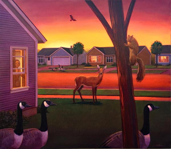 Squirrel Sunrise, Oil on Canvas - 28"h x 32"w