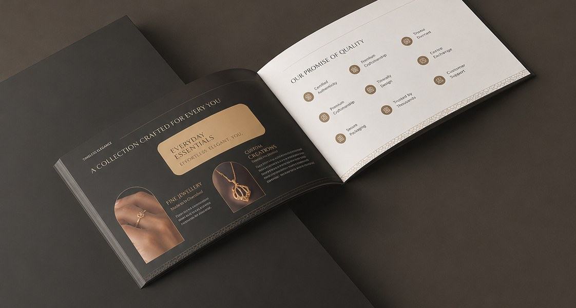 An open jewellery brochure on a dark surface: a gold-on-black collection spread facing a cream page of quality promises.