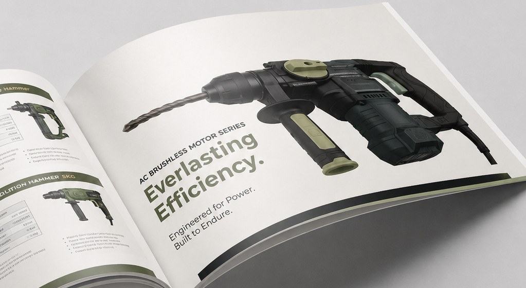 An open power-tool catalogue: a rotary hammer shot against a white spread, facing a page of product specifications.