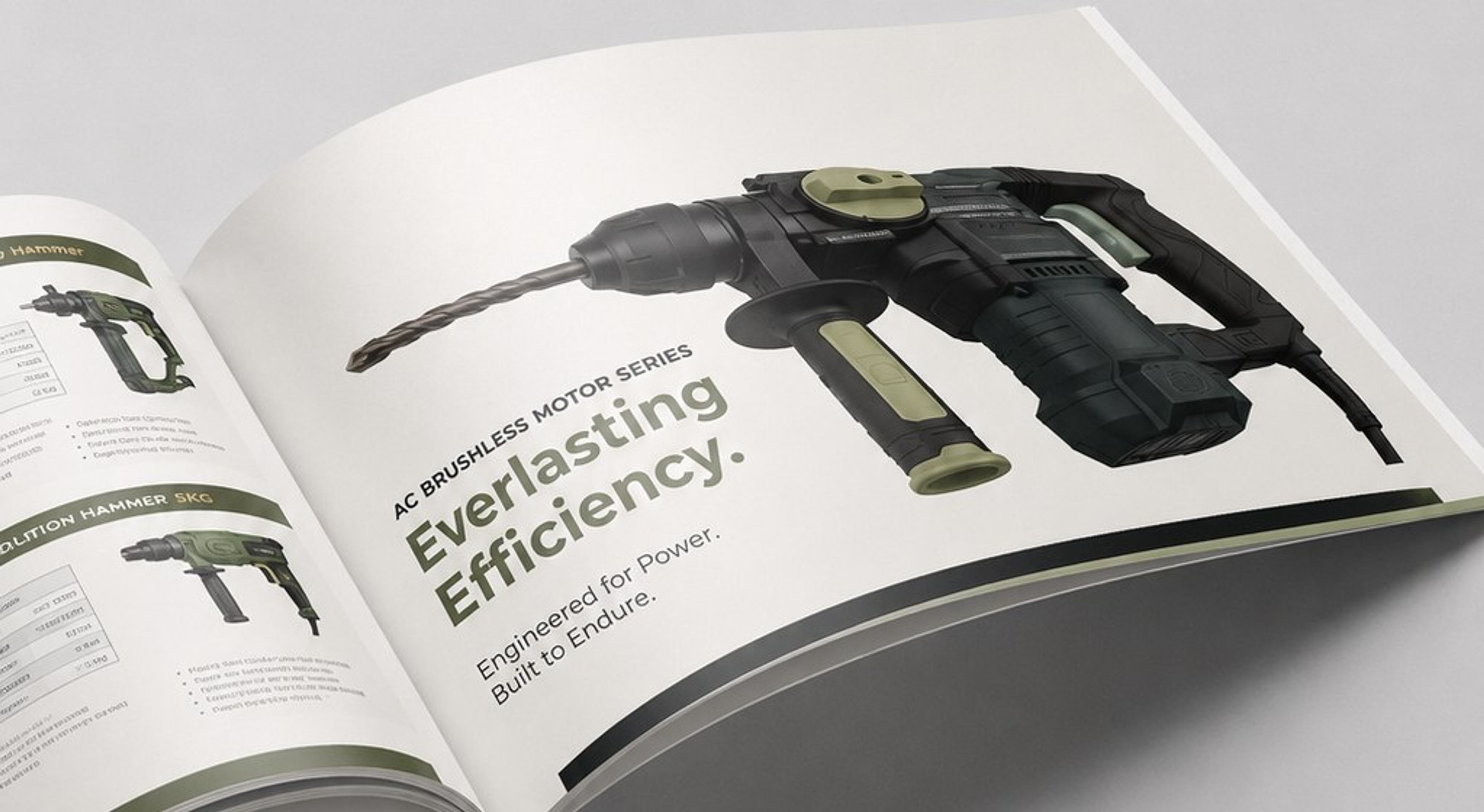 An open power-tool catalogue: a rotary hammer shot against a white spread, facing a page of product specifications.