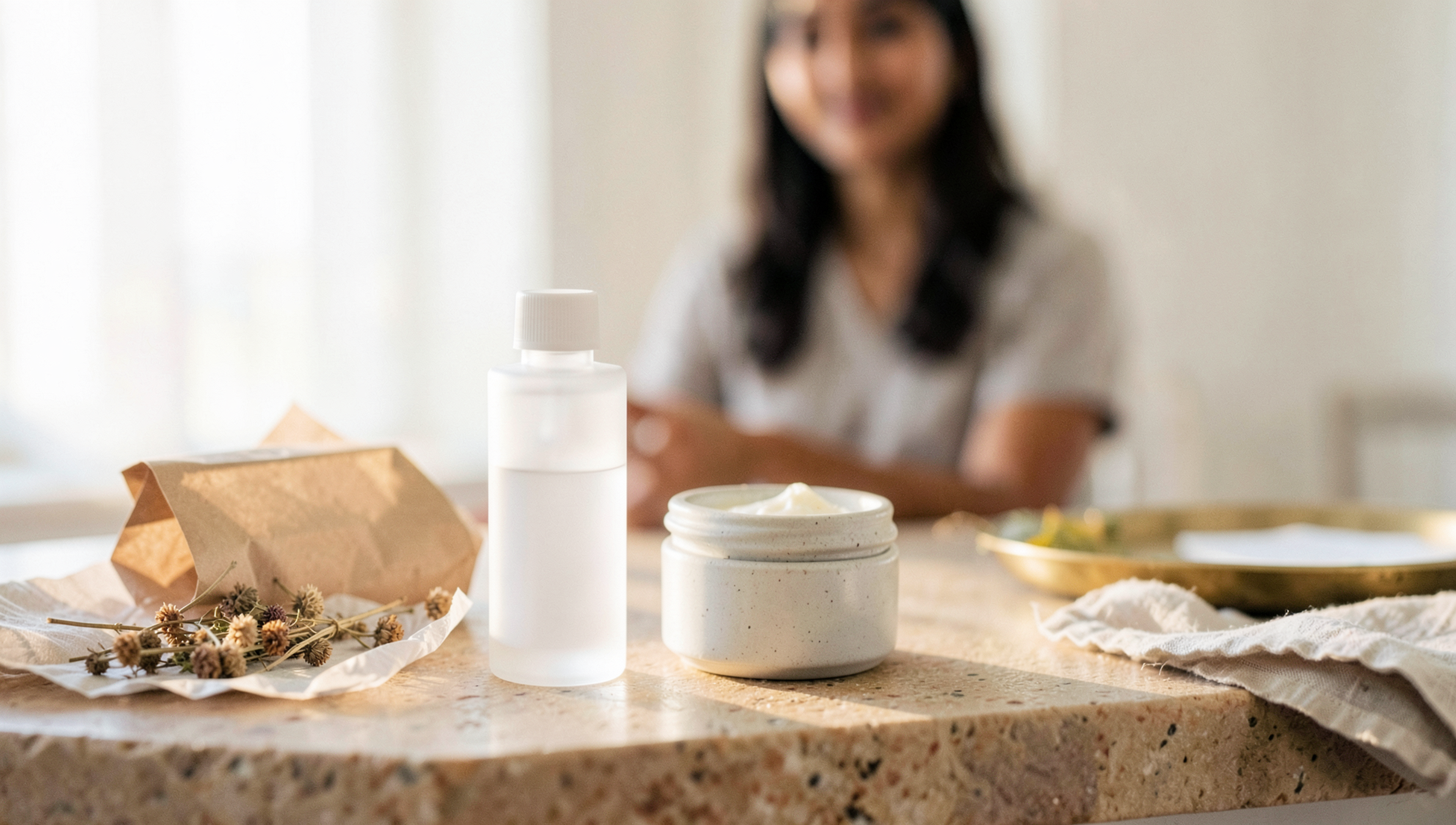Minimalist unbranded skincare product still life — Bandra-based D2C skincare brand, Mumbai · Webzenia SEO case study